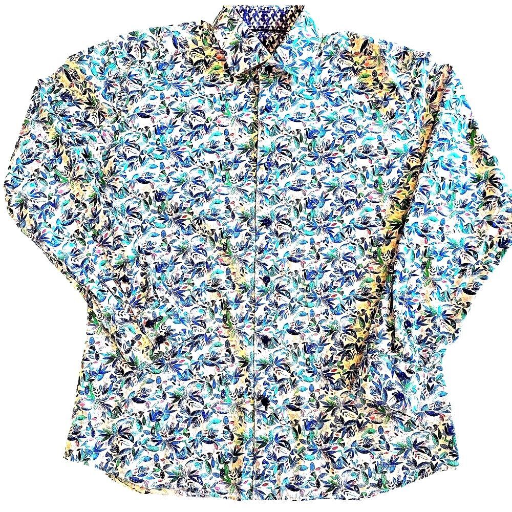 Bertigo Mens M Floral Geometric Blue Green Cotton Designer Long Sleeve Button Up